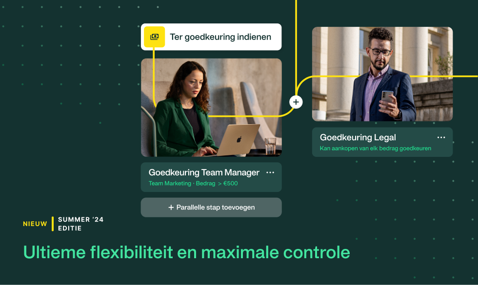 Afbeelding met twee medewerkers die uitgaven goedkeuren, die illustreert hoe de workflow designer werkt. 